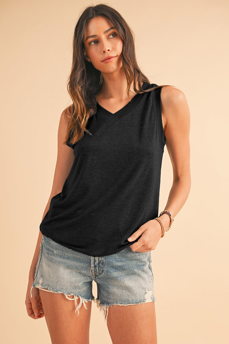 Black Contrast Trim V-Neck Loose Fit Tank Top