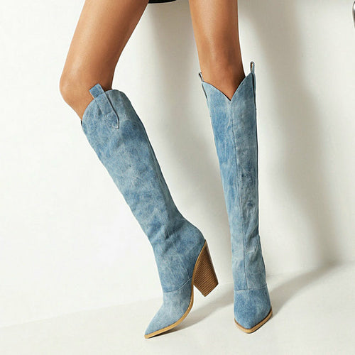 New Denim Western Knee High High Heel Boots