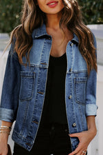 Blue Stripe Washed Oversized Pocketed Denim Jacket