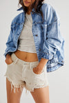 Blue Stripe Washed Oversized Pocketed Denim Jacket