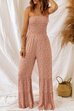 Khaki Floral Spaghetti Straps Smocked Bodice Wide Leg Jumpsuit