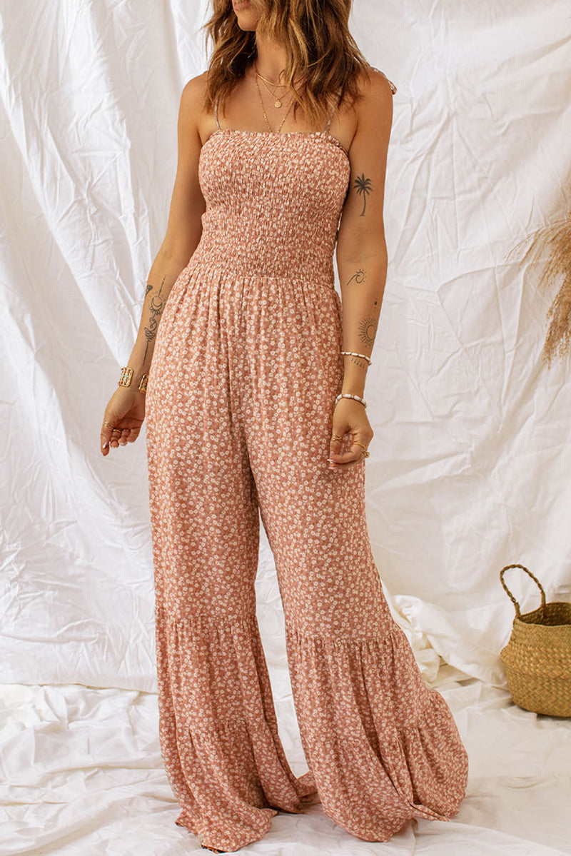 Khaki Floral Spaghetti Straps Smocked Bodice Wide Leg Jumpsuit