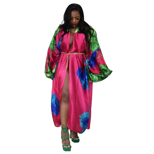 Fashion Printed Satin Long Kimono Beachwear