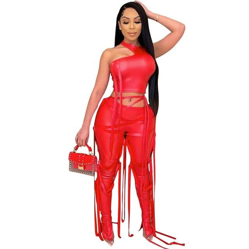 Women's Faux Leather Drawstring Lace Up Two Piece Set