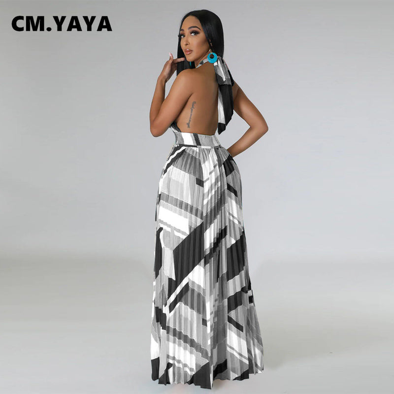 Women Geometrical Striped Halter Neck Backless Pleated Dresses