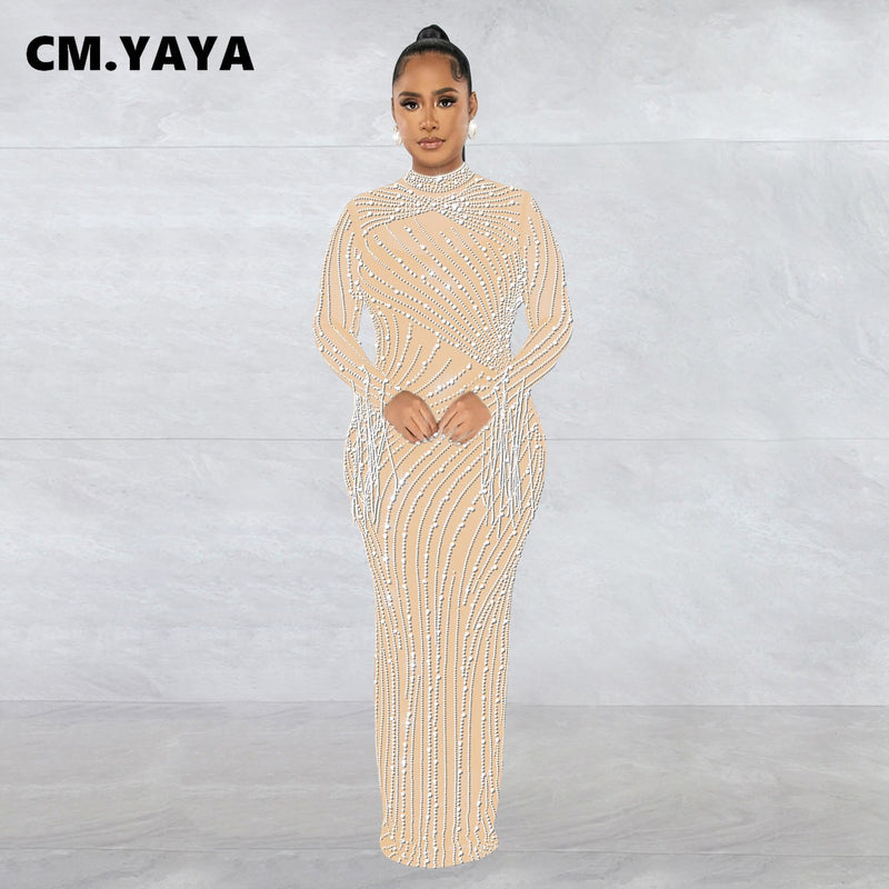 Mesh Tassel Long Sleeve Rhinestones Dress