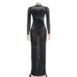 Mesh Tassel Long Sleeve Rhinestones Dress