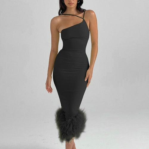 Elegant One Shoulder Feather Bottom Midi Summer Dress