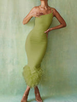 Elegant One Shoulder Feather Bottom Midi Summer Dress