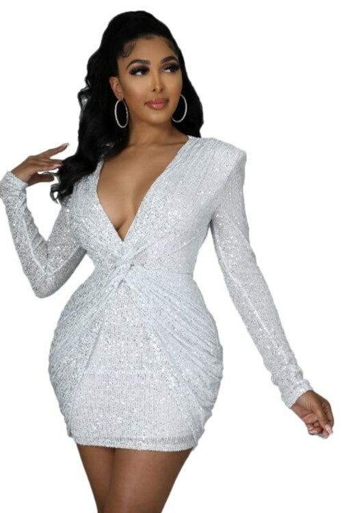 Best Quality Solid Sequins V neck Long Sleeve Dress