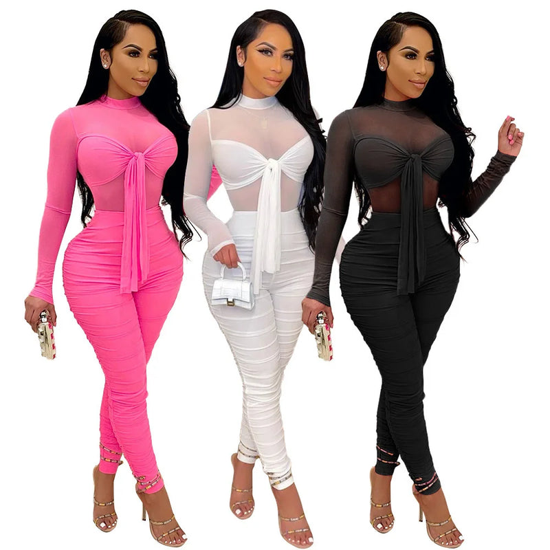 Sexy Mesh Sheer Long Sleeve Bow Tie Skinny Jumpsuits