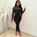 Sexy Mesh Sheer Long Sleeve Bow Tie Skinny Jumpsuits