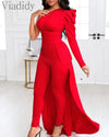 Red Puff Sleeve One Shoulder Long Sleeve Jumpsuits