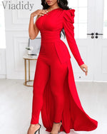 Red Puff Sleeve One Shoulder Long Sleeve Jumpsuits