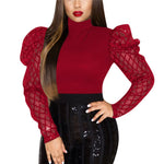 Women's Fashion Shirt Sexy Plaid Mesh Long Puff Sleeve Tops