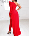 Red Puff Sleeve One Shoulder Long Sleeve Jumpsuits