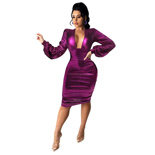 Satin Long Sleeve Midi Solid V Neck Sexy Dresses