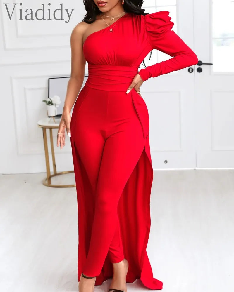 Red Puff Sleeve One Shoulder Long Sleeve Jumpsuits