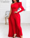 Red Puff Sleeve One Shoulder Long Sleeve Jumpsuits