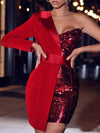 High Quality Red One Sleeved Sequin Crepe Tuxedo Blazer