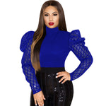 Women's Fashion Shirt Sexy Plaid Mesh Long Puff Sleeve Tops