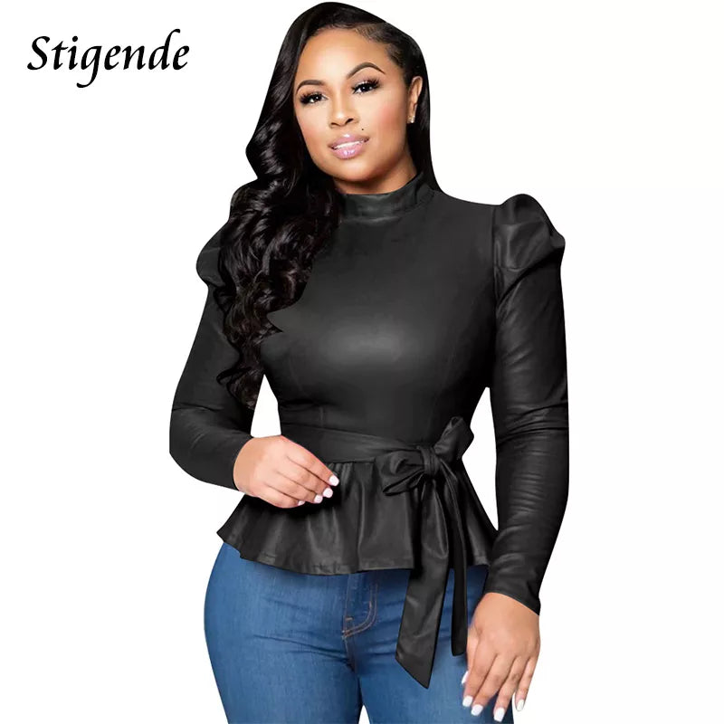 Women Long Sleeve Pu Leather Blouse 