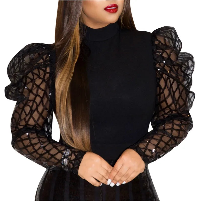 Women's Fashion Shirt Sexy Plaid Mesh Long Puff Sleeve Tops