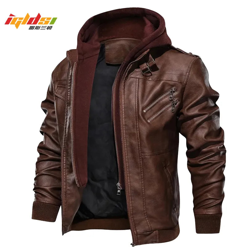  Pu Leather Windbreaker Hooded Winter Motorcycle Jacket