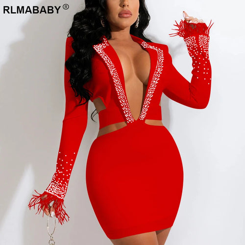 Fashion Sexy Diamond V Neck Long Sleeve Feather Dresses