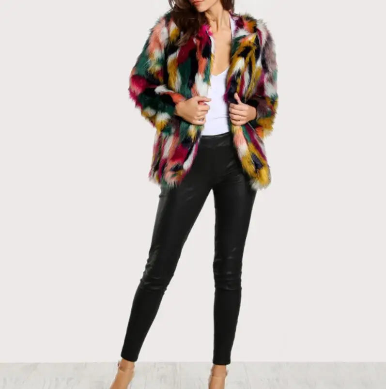 Contrast Multi color Faux Fur Coat 