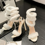 Women Fur Sandals Sexy Ankle Strap High Heels