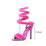  Women Fur Sandals Sexy Ankle Strap High Heels