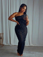 Elegant Draped Black Max Sexy One Shoulder See-Through Dress