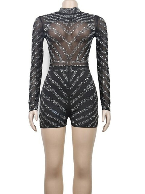 Sexy Black Rhinestone Sheer Mesh See-Through Romper