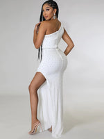 Sexy White Rhinestone Mesh Patchwork Maxi Dress