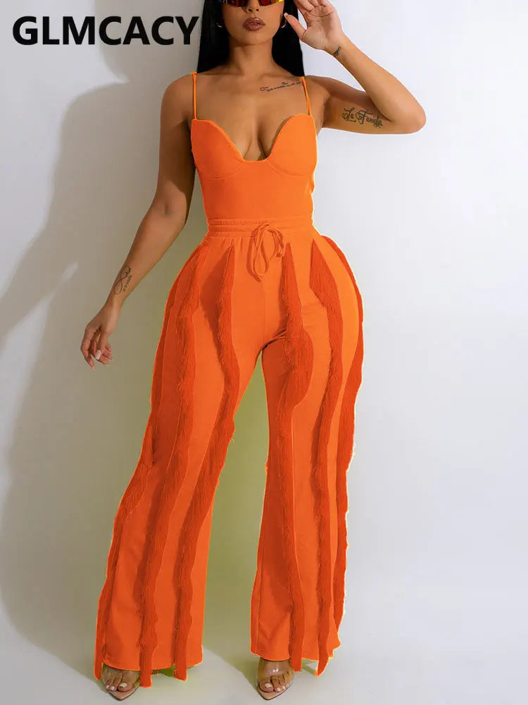 Women Spaghetti Strap Tassels Fringed Slim Jumpsuit