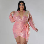 Plus Size Women Long Sleeve Wrap Tie Up Side Sequined Bodycon Dresses