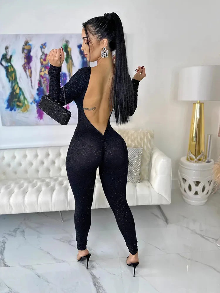  Long Sleeve Backless Stretch Glitter Jumpsuits 