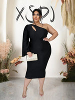 Curvy Elegant One Shoulder Long Sleeve Dress