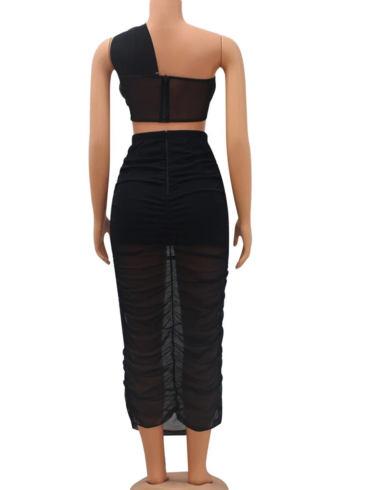 Single Shoulder Sheer Mesh Corset Top + Skirt