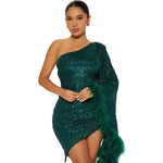 Sexy One Shoulder Sequin Feather Party Prom Bodycon Mini Dress