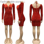 Women Long Sleeve Mesh Halter Sequined Slim High Waist Bodycon Dress