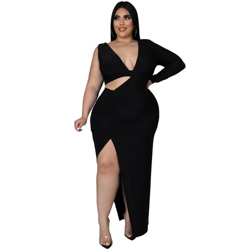 Women Sexy Curvy Hollow Out Solid  V Neck Elegant Dress