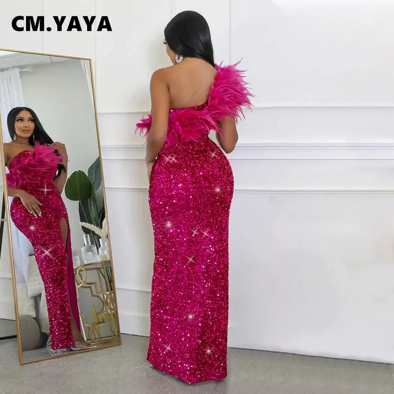 Sequined Feather One Shoulder Dress