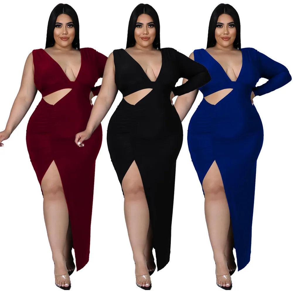 Sexy Curvy Hollow Out Solid  V Neck Elegant Dress