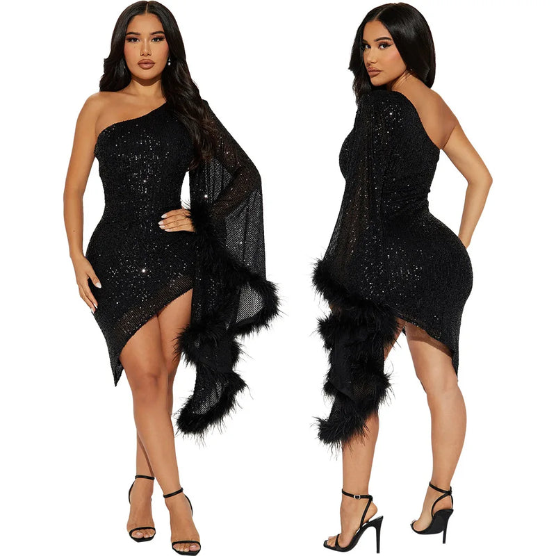 Sexy One Shoulder Sequin Feather Party Prom Bodycon Mini Dress