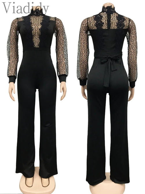 Women Sexy Hollow Out Embroider Long Sleeve Jumpsuits