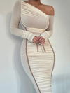 Diagonal Collar Long Sleeve Midi Dresses