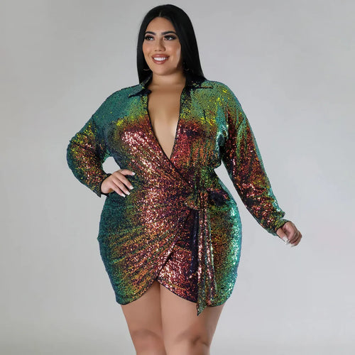 Plus Size Women Long Sleeve Wrap Tie Up Side Sequined Bodycon Dresses