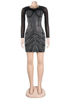 Sexy Black Rhinestone Pearls Feather Details Mini Dress